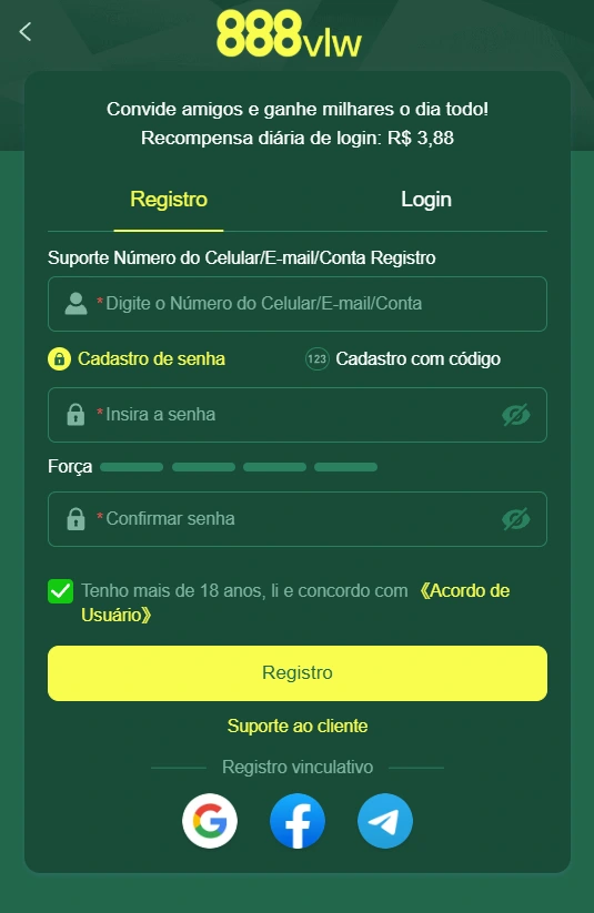 Cadastro no 888VLW casino